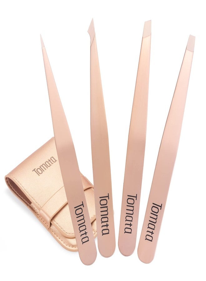 Tomata Tweezers for Eyebrows, Slant Tip and Pointed Eyebrow Tweezer Set Great Precision for Eyebrows Facial Hair, Ingrown Hair, Splinter, Blackhead and Tick Remover (4-piece) (Gold) - Image 1